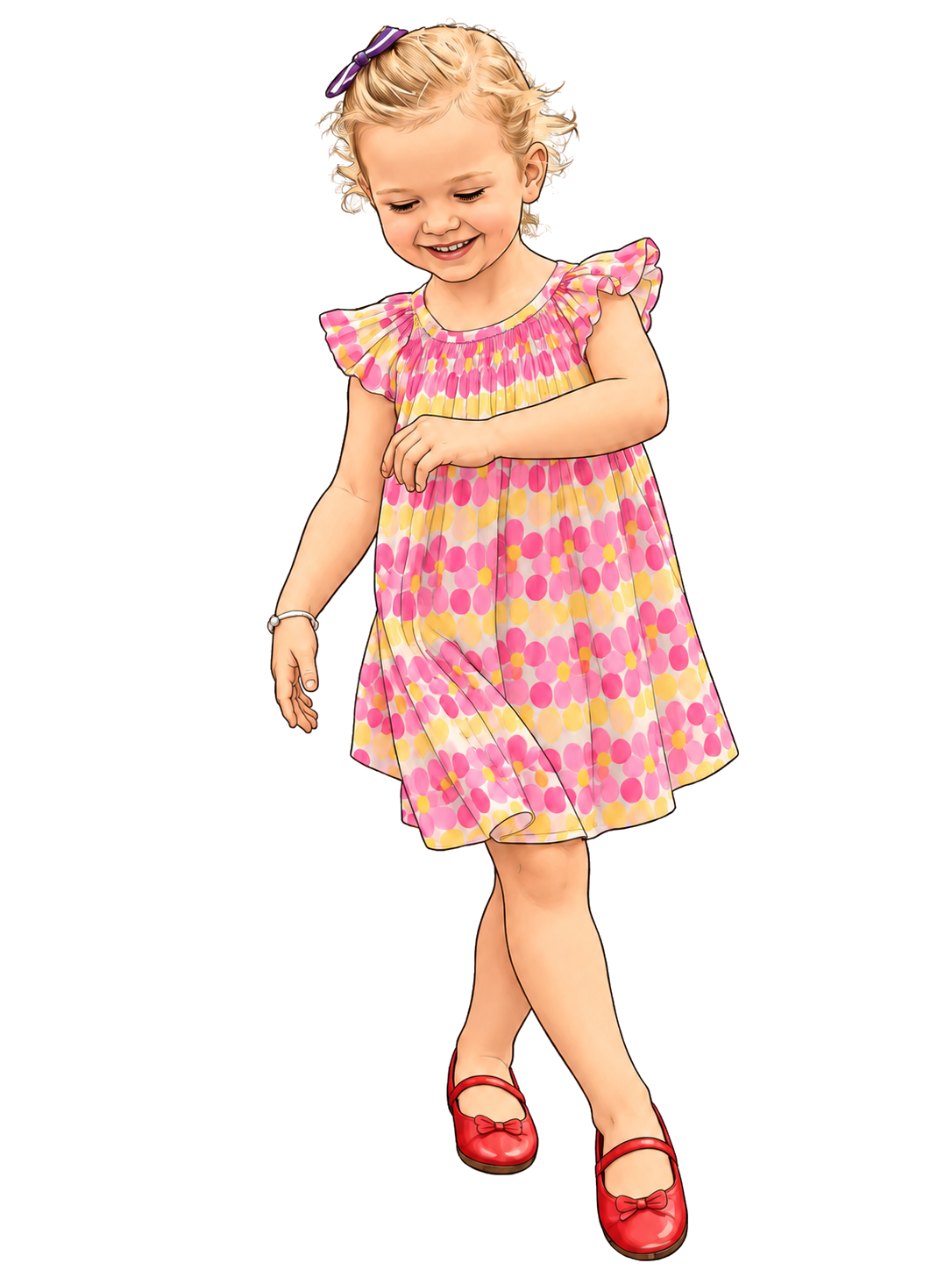 A cartoon of Charlotte as a child, smiling in her colourful dress and red shoes with her legs crossed.